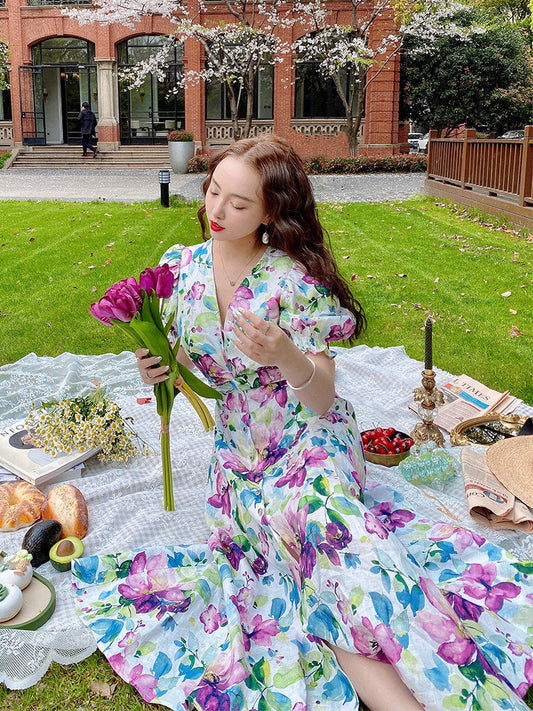 Tencel Linen Long Dress - Elegant Floral Print