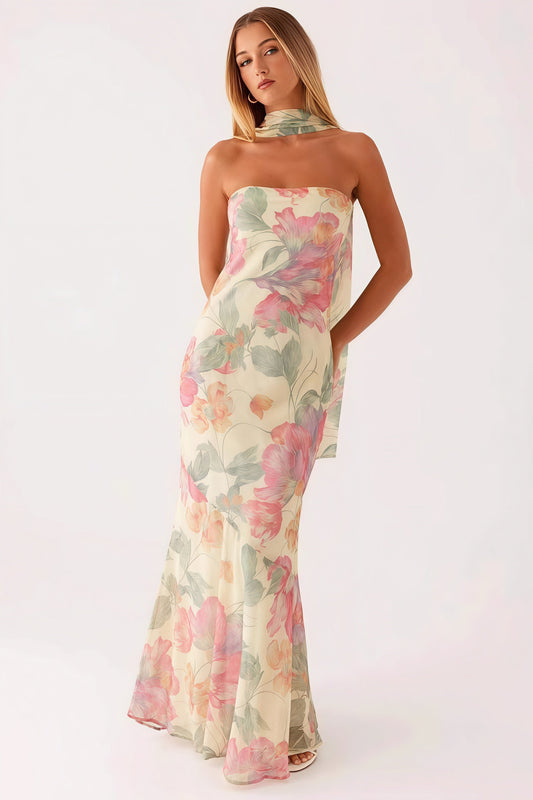 Gaun Maxi Liburan Fishtail Ikat Bunga