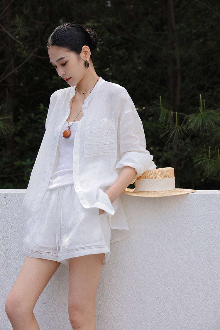 Linen Blend 2-Piece Set - Lace Insert Shirt and Wide-Leg Shorts