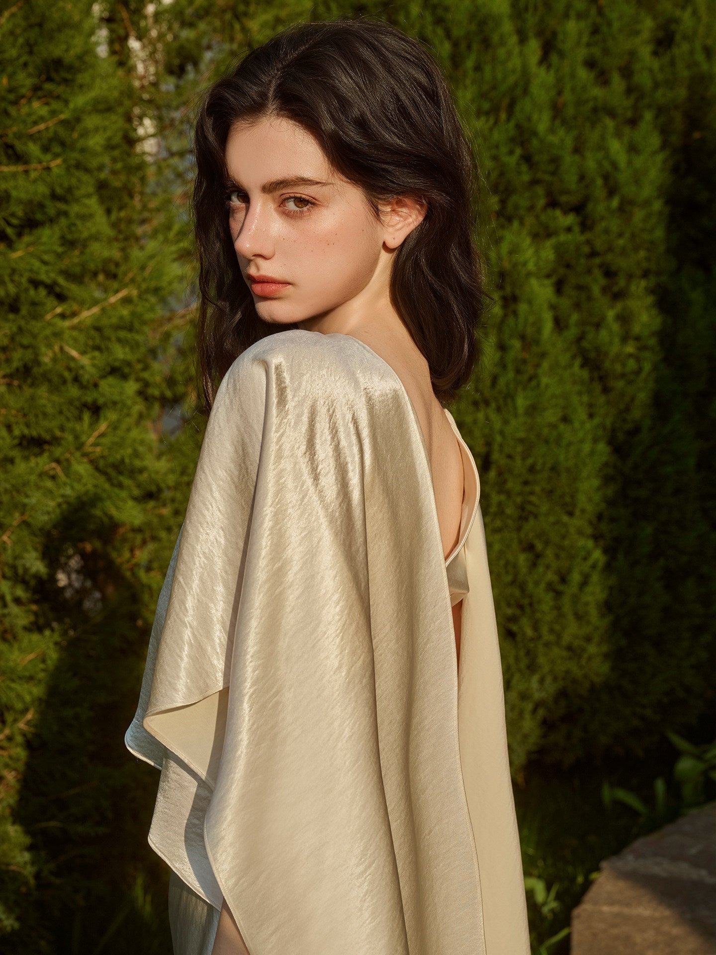 Acetate Satin Dress - Asymmetrical Scarf Collar