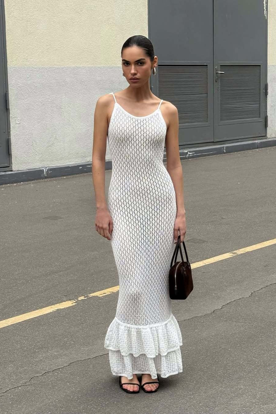 Gaun Maxi Cami Transparan Potongan Seksi Ruffle Boho