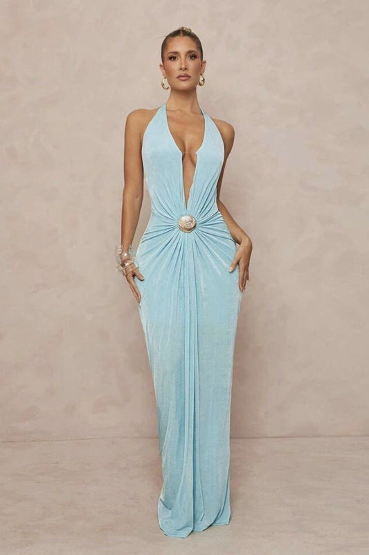 Gaun Maxi Tanpa Punggung dengan Ruching dan Trim Logam V Halter