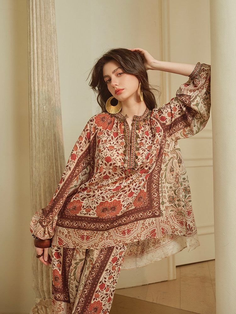 Linen Blend 2-Piece Set - Paisley Shirt and Pants