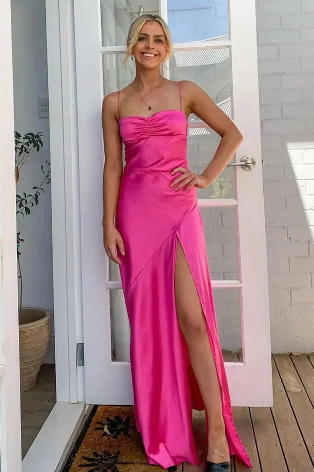 Spaghetti Straps Satin A-Line Party Prom Dress With Slit