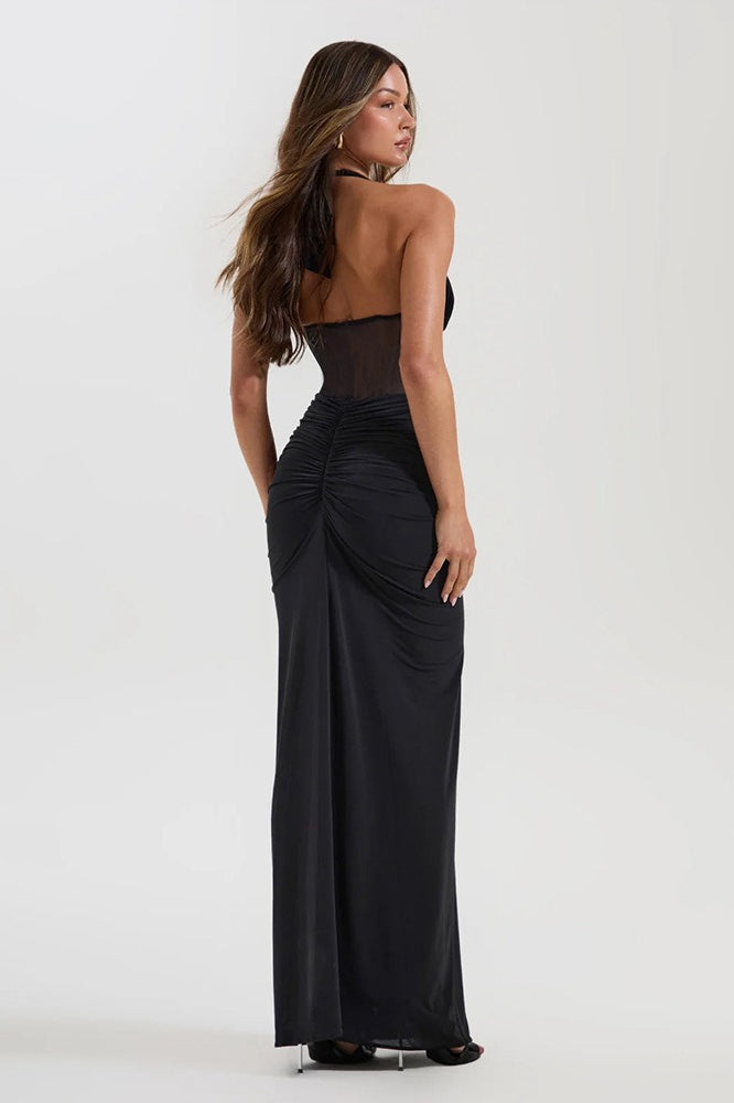 Gaun Maxi Panel Jala Halter
