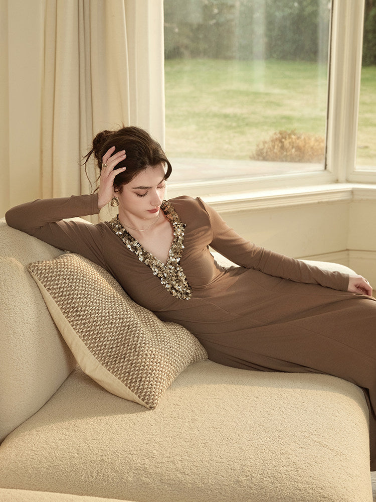 Sequin Embroidered Dress with V-Neck and Gathered Waist