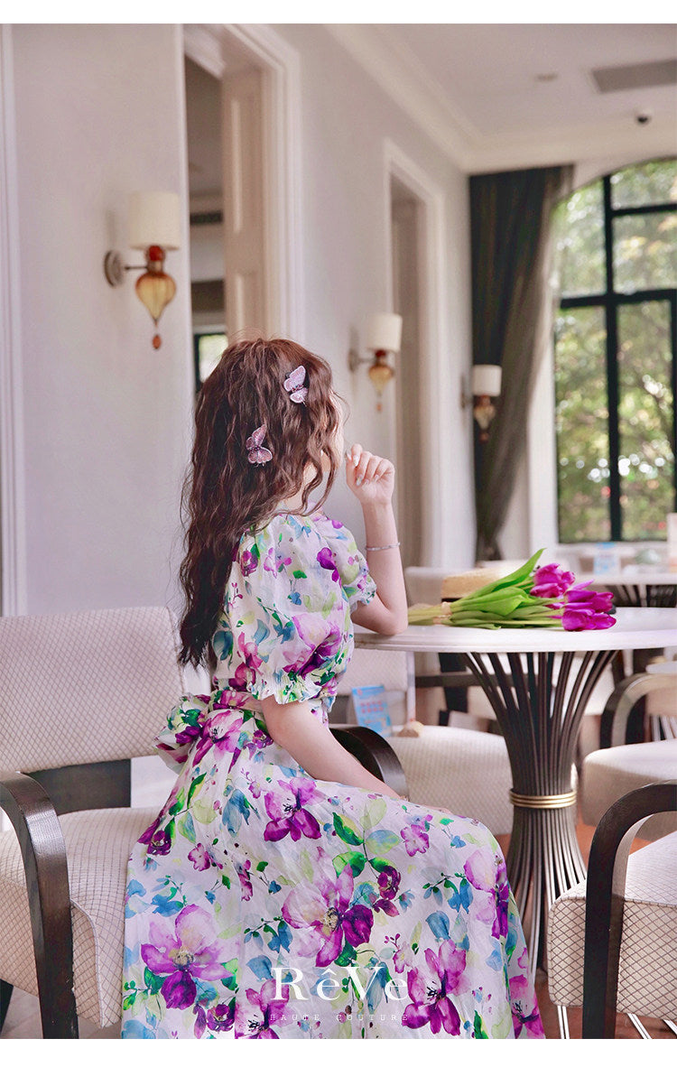 Tencel Linen Long Dress - Elegant Floral Print