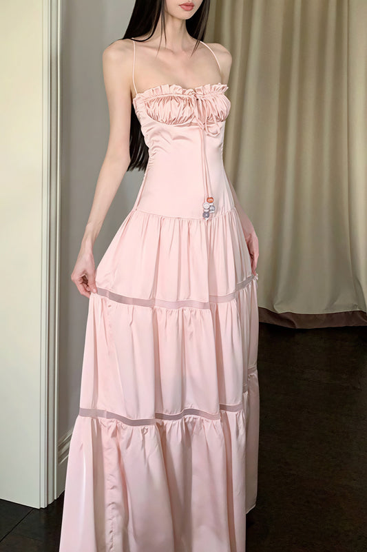 Gaun Maxi Spaghetti Strap Tanpa Tali Satin Pink