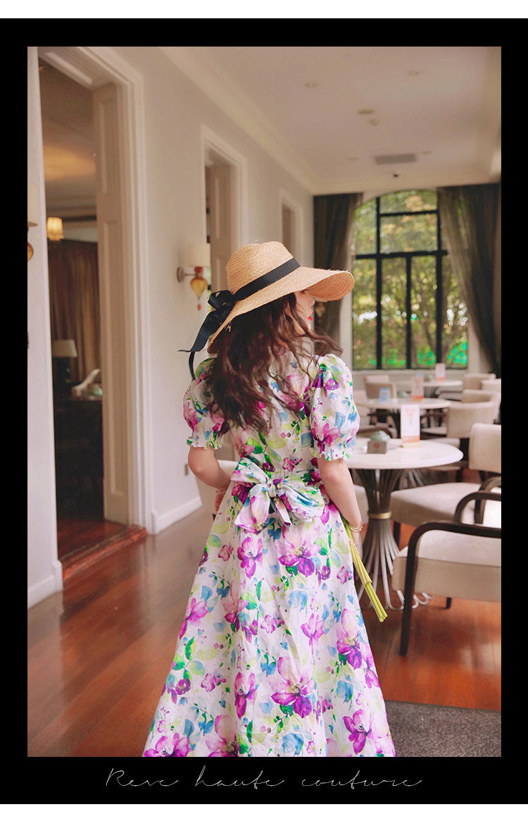 Tencel Linen Long Dress - Elegant Floral Print
