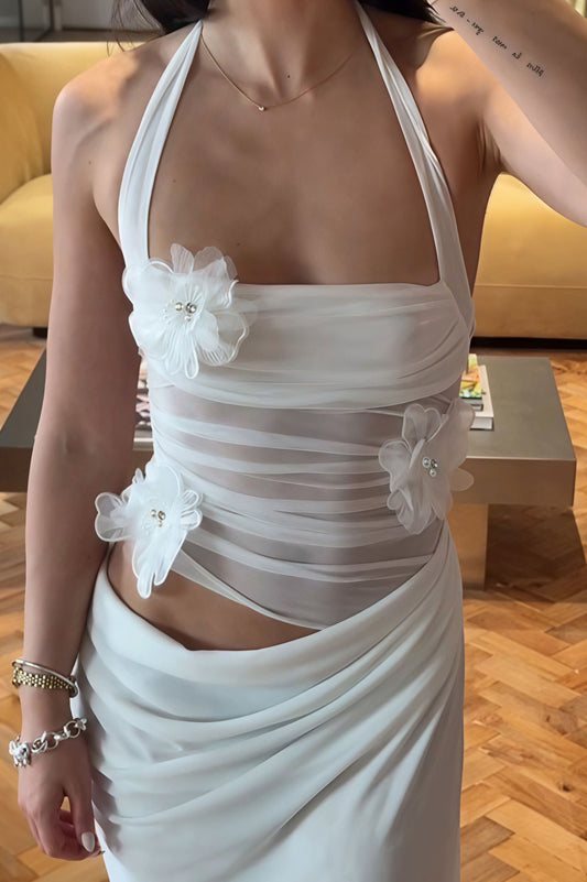 Gaun Maxi Potongan Slim Halter Paduan Bunga 3D