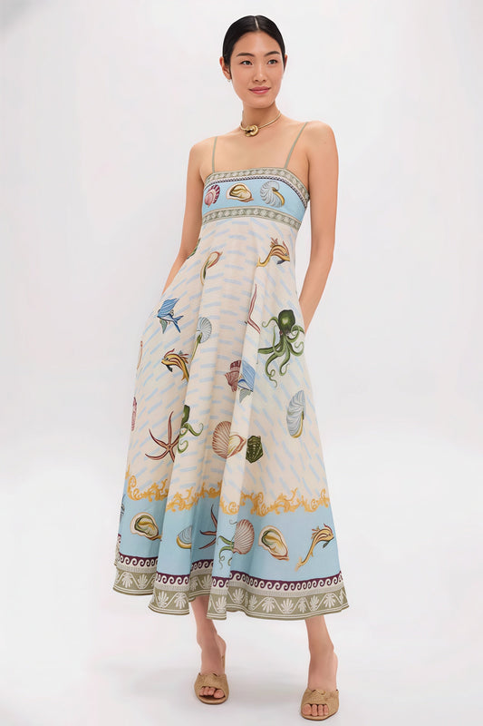Gaun Maxi Kasual Cami Pinggang Tinggi Motif