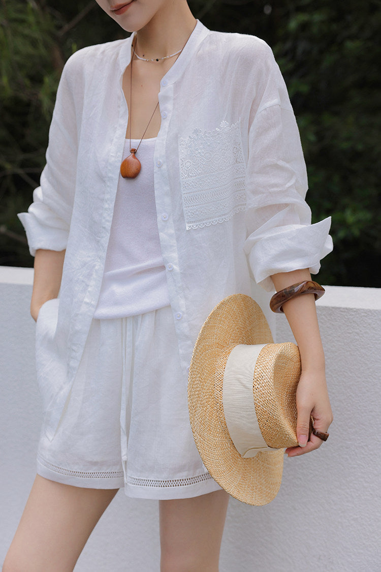 Linen Blend 2-Piece Set - Lace Insert Shirt and Wide-Leg Shorts