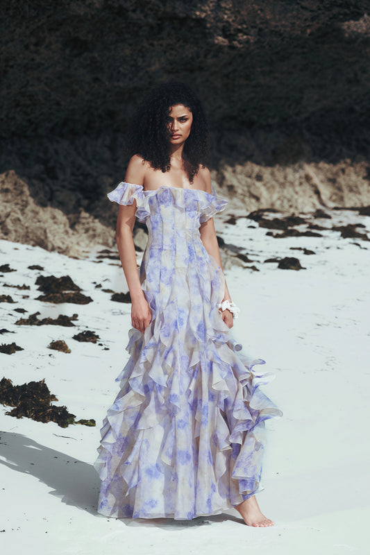 Gaun Maxi Pantai Ruffle Transparan Off Shoulder