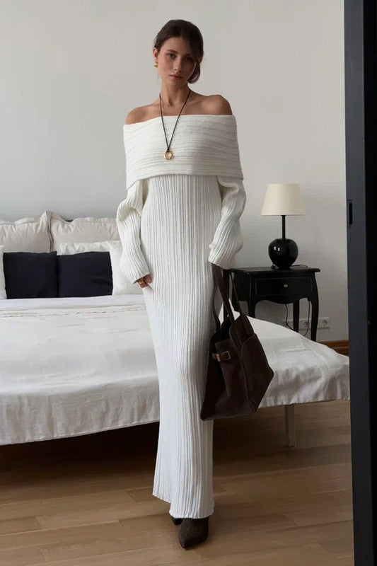 Gaun Maxi Knit Bodycon Off Shoulder Minimalis Elegan