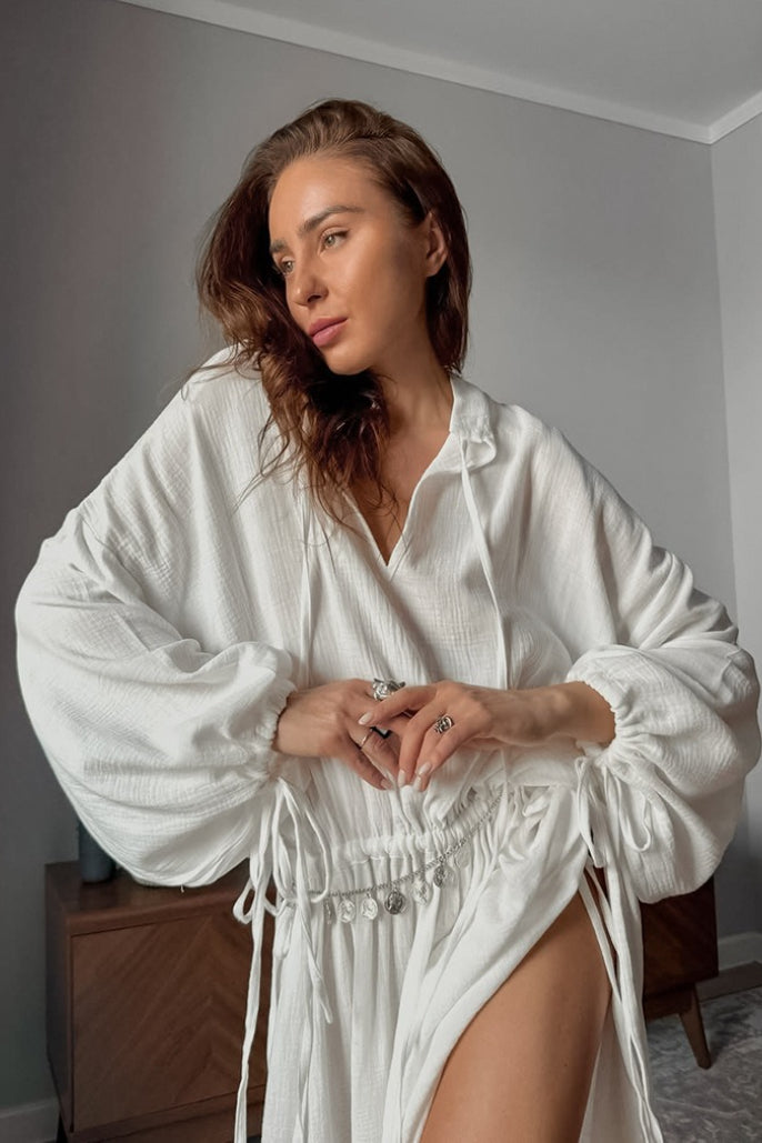 Gaun Maxi Lengan Panjang Ikat Pinggang Potongan Katun