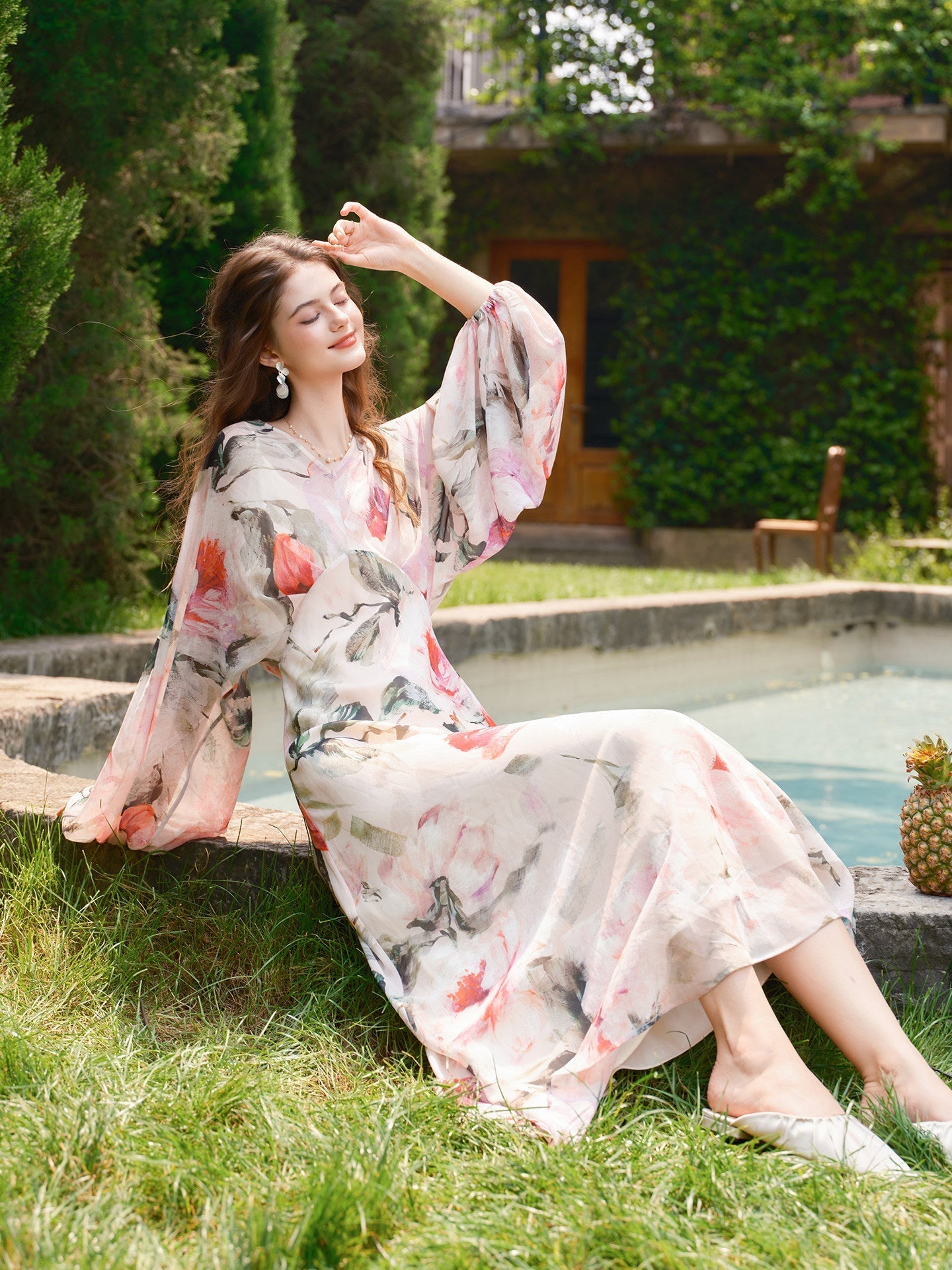 Floral Viscose Dress - Elegant Diagonal Cut
