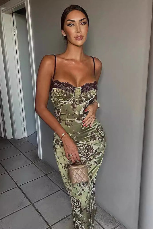 Gaun Maxi Bodycon Cetak Blok Warna Renda