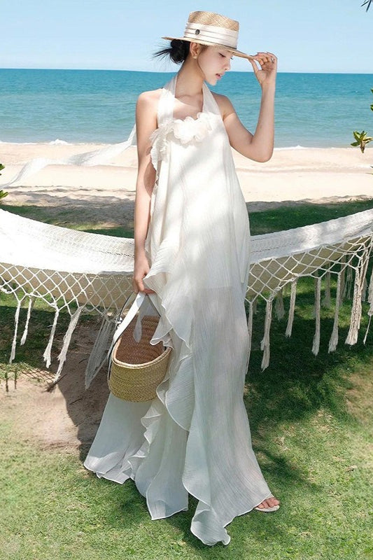 Gaun Maxi Bunga 3D Slim Elegan Halter