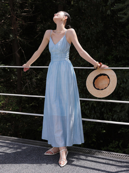 Viscose Dress - Blue V-Neck Pleated A-Line