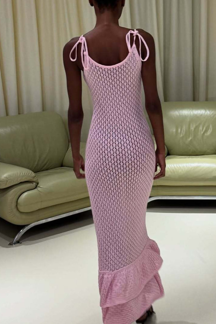 Gaun Maxi Cami Transparan Potongan Seksi Ruffle Boho