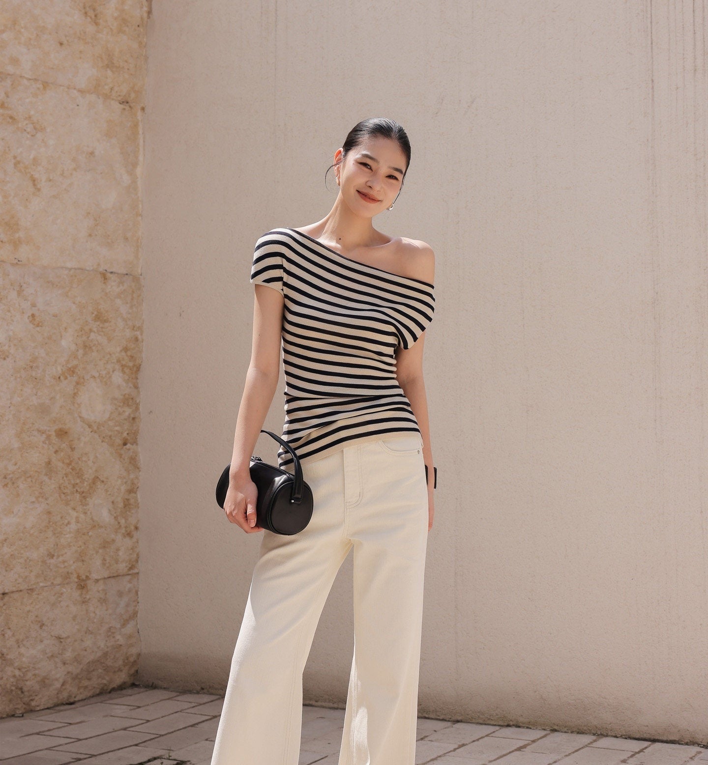Cotton Top with Asymmetrical Design - Black and White Stripes