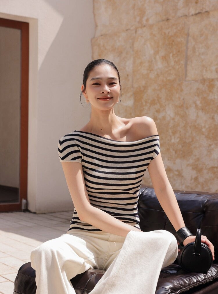 Cotton Top with Asymmetrical Design - Black and White Stripes