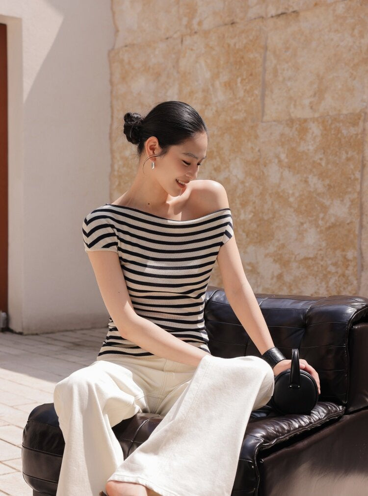 Cotton Top with Asymmetrical Design - Black and White Stripes