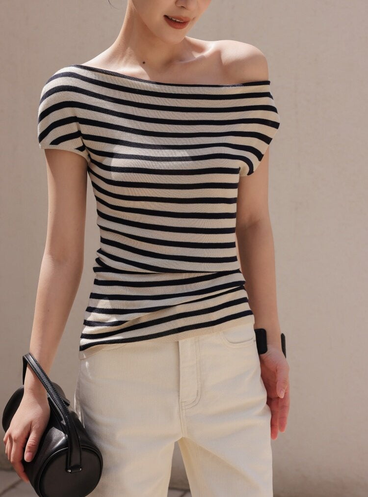Cotton Top with Asymmetrical Design - Black and White Stripes