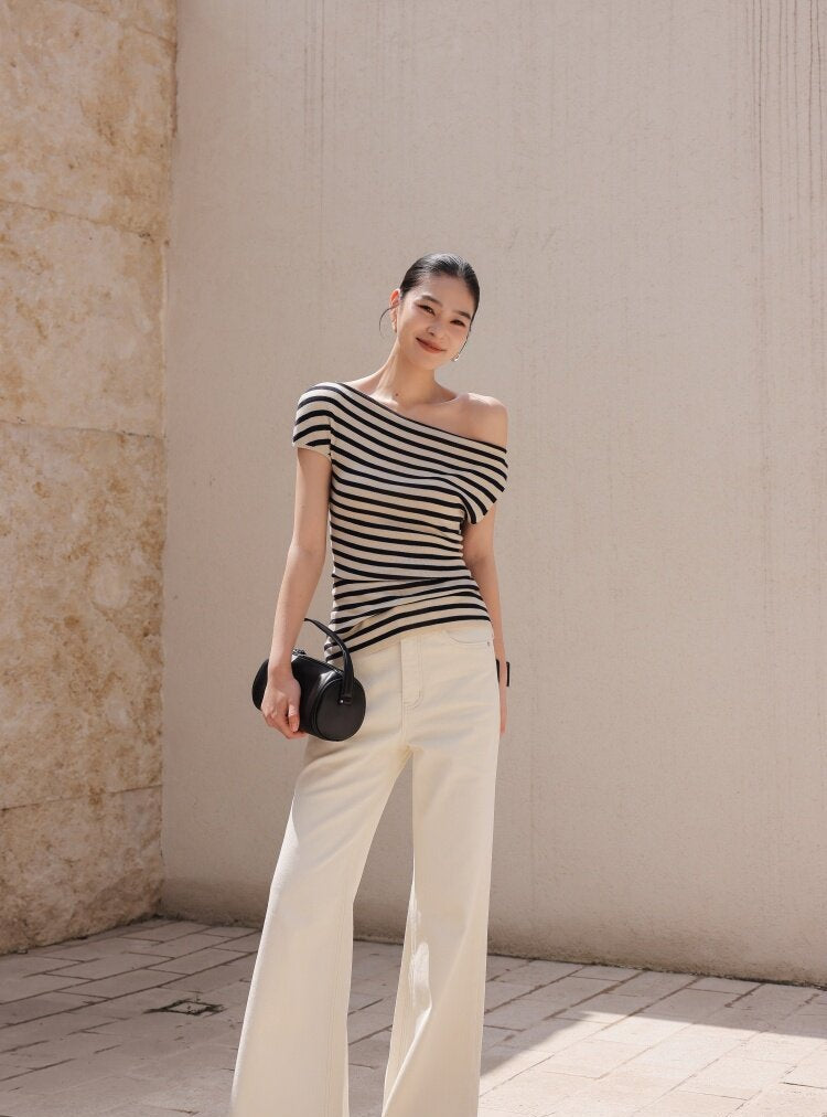 Cotton Top with Asymmetrical Design - Black and White Stripes