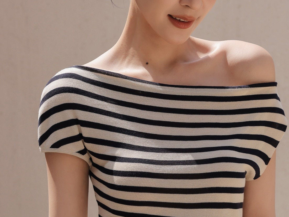 Cotton Top with Asymmetrical Design - Black and White Stripes