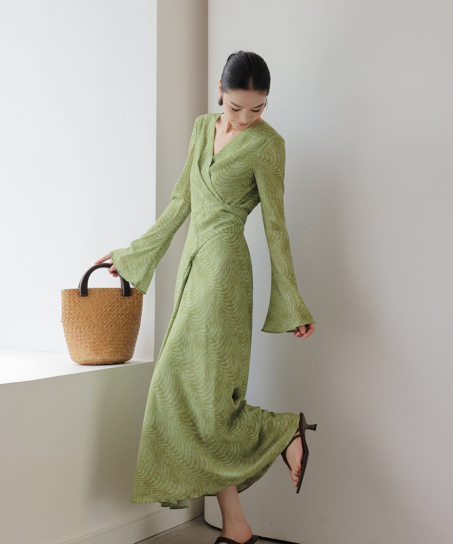 Viscose Dress - Long Sleeve V-Neck Twist Design