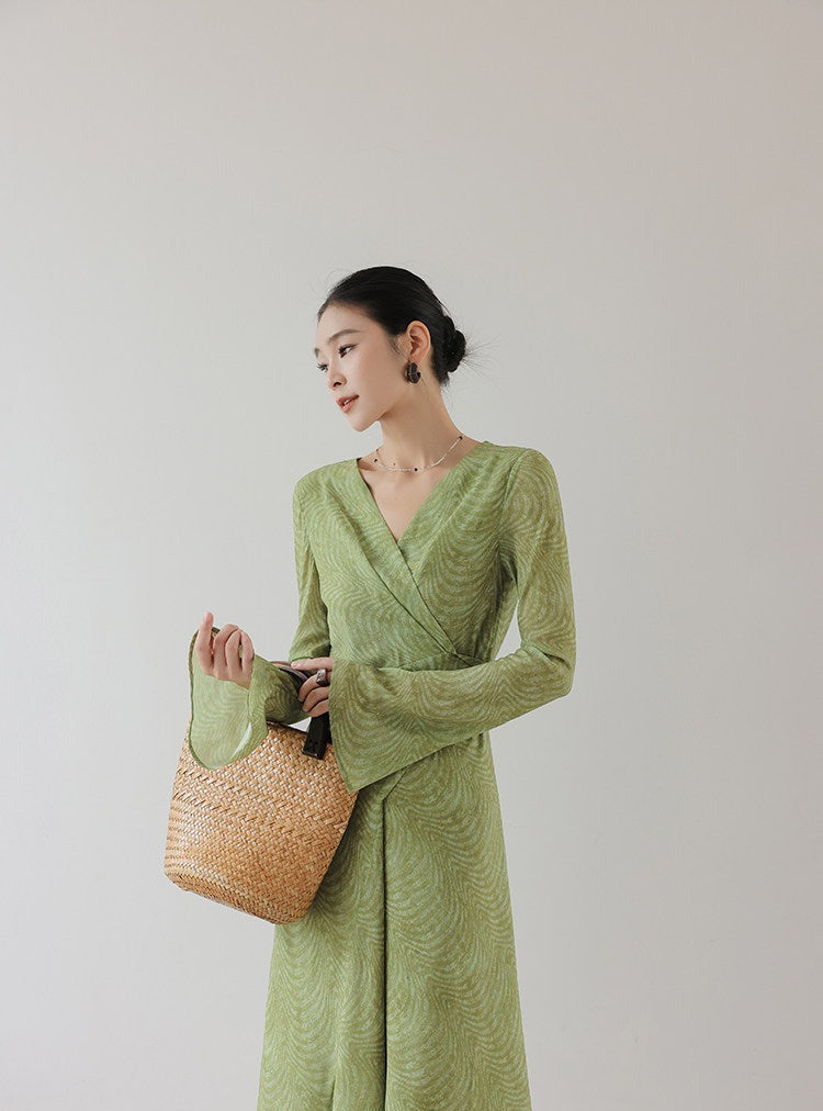 Viscose Dress - Long Sleeve V-Neck Twist Design
