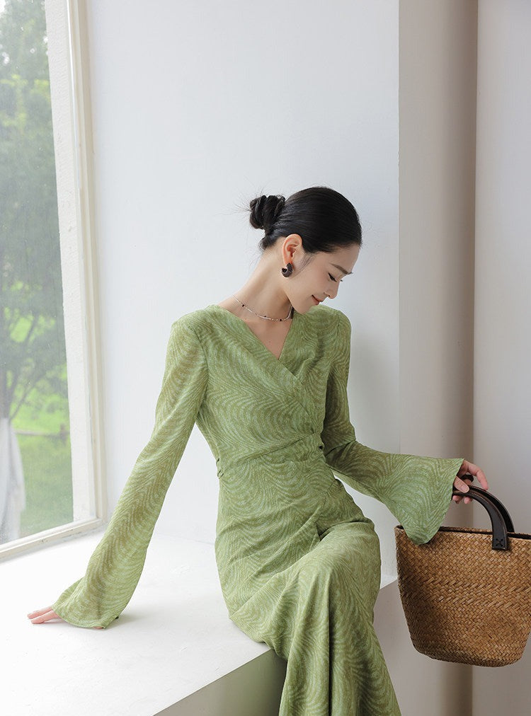 Viscose Dress - Long Sleeve V-Neck Twist Design