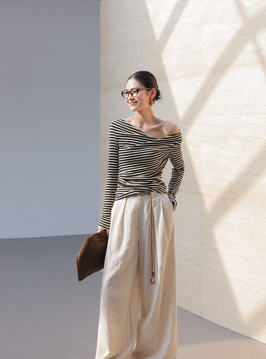 Cotton Long Sleeve Top - Diagonal Shoulder Striped T-Shirt