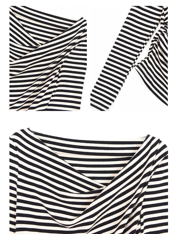 Atasan Lengan Panjang Katun - Kaos Bergaris Bahu Diagonal