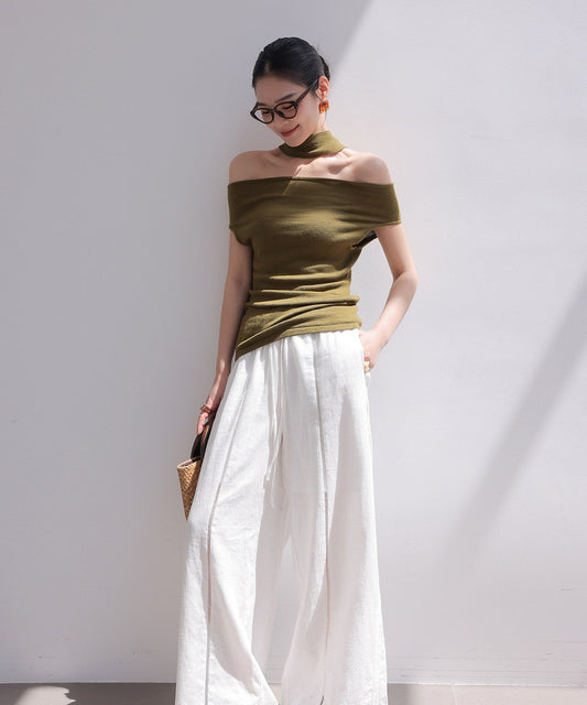 Linen Wide-Leg Pants with Lace Detail