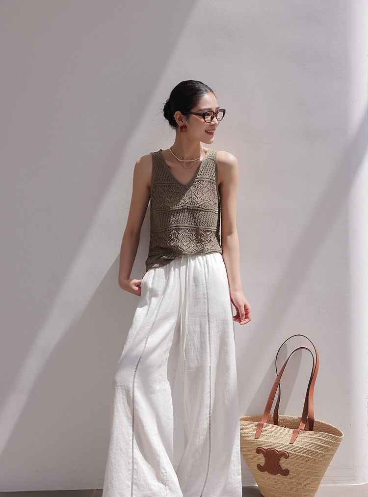 Linen Wide-Leg Pants with Lace Detail