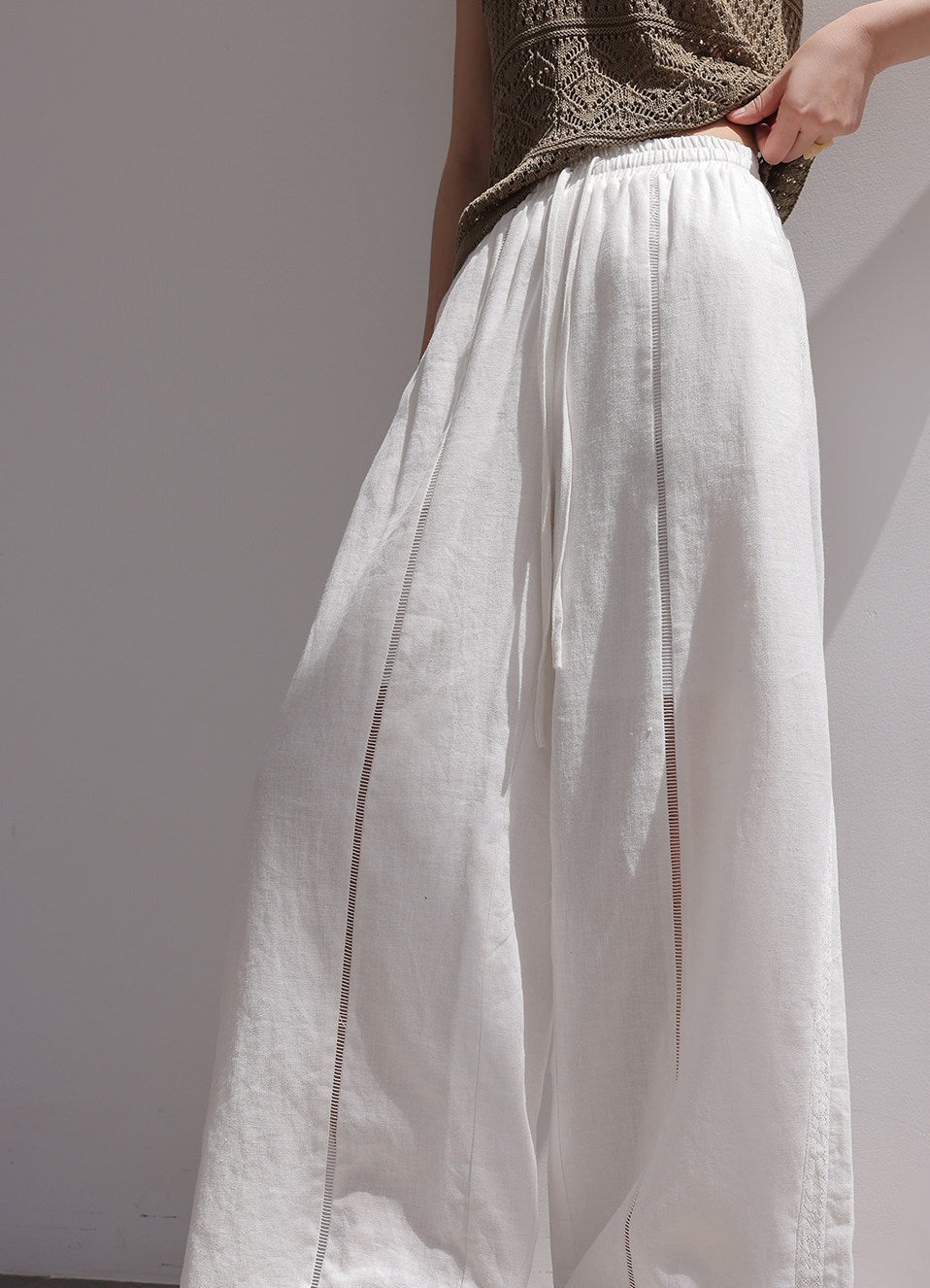 Linen Wide-Leg Pants with Lace Detail
