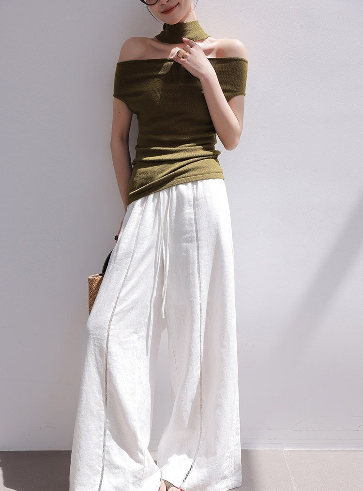Linen Wide-Leg Pants with Lace Detail