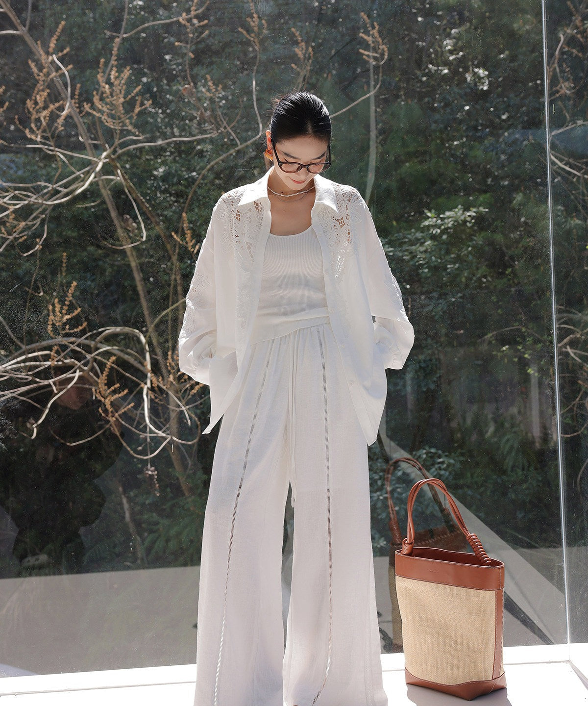Linen Wide-Leg Pants with Lace Detail