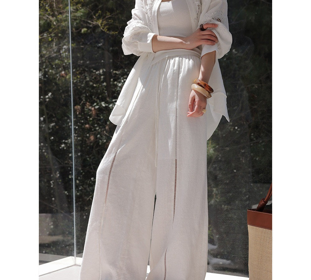 Linen Wide-Leg Pants with Lace Detail