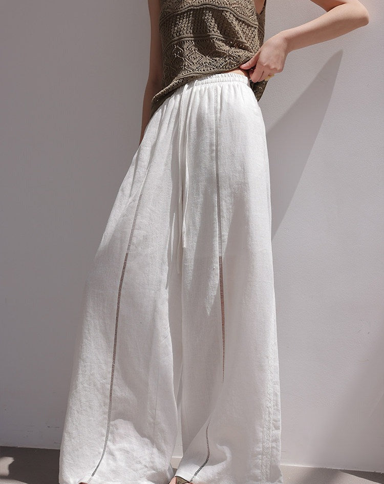 Linen Wide-Leg Pants with Lace Detail