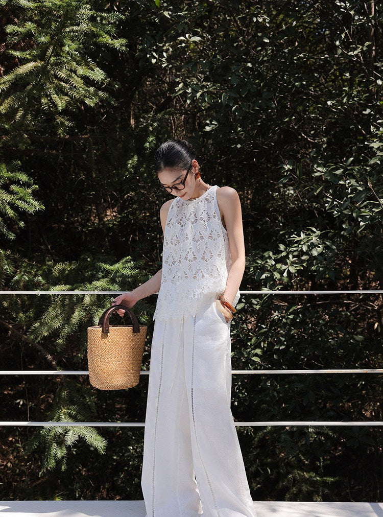 Linen Wide-Leg Pants with Lace Detail