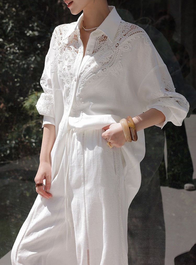 Linen Wide-Leg Pants with Lace Detail