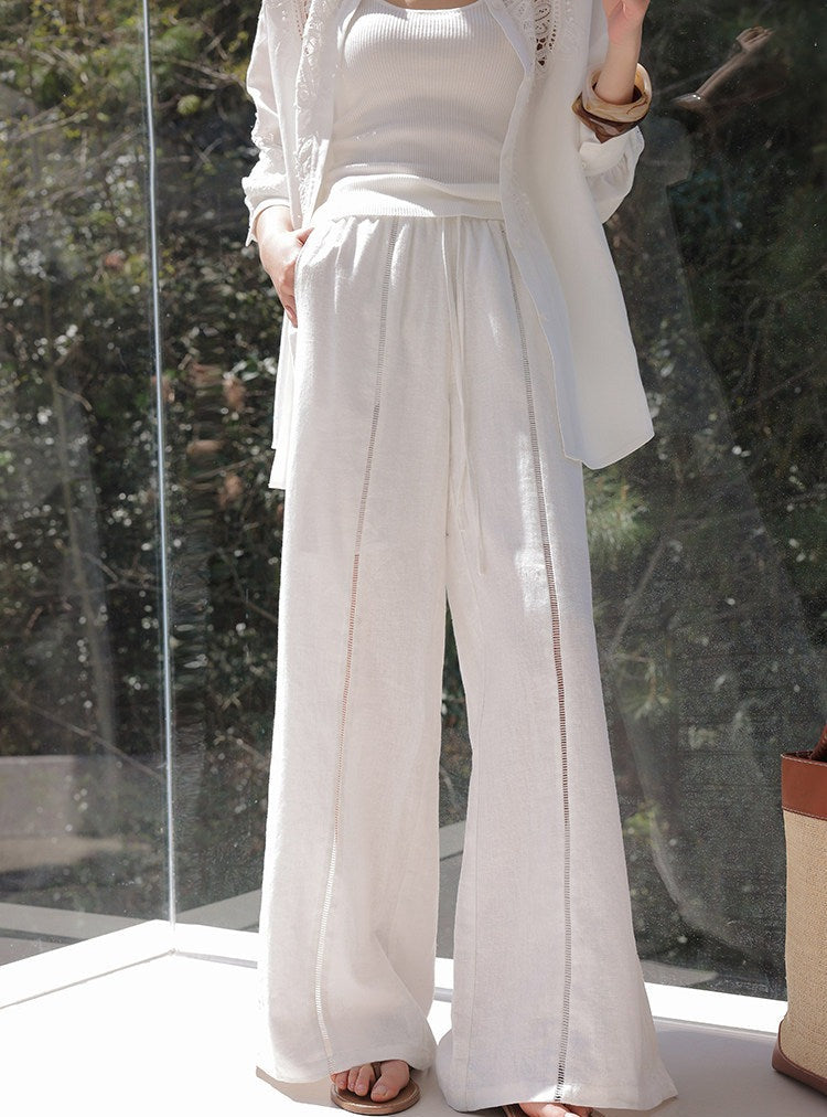 Linen Wide-Leg Pants with Lace Detail