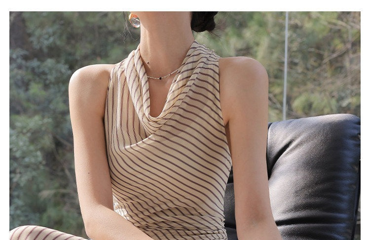 Gaun A-Line Polyester - Desain Tanpa Lengan Bergaris