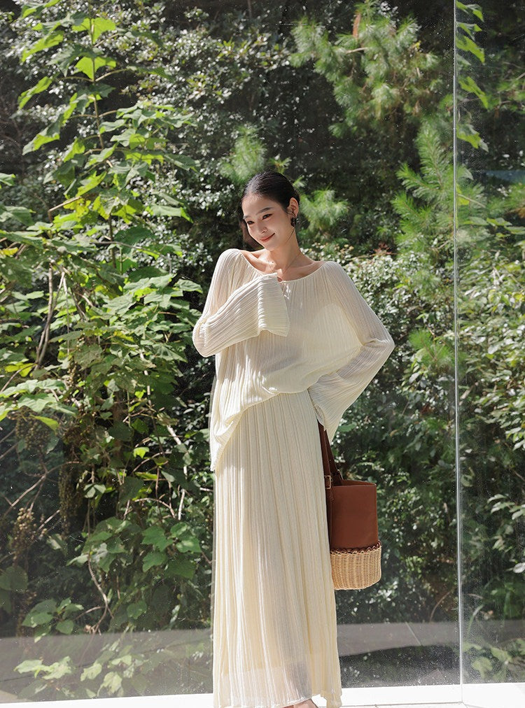Mulberry Silk Two-Piece Set - Long Sleeve Top and Skirt