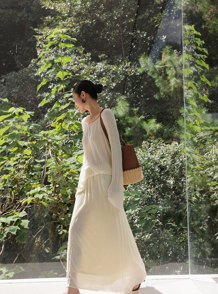 Mulberry Silk Two-Piece Set - Long Sleeve Top and Skirt
