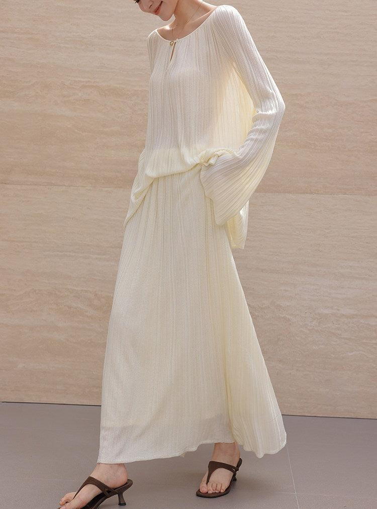 Mulberry Silk Two-Piece Set - Long Sleeve Top and Skirt