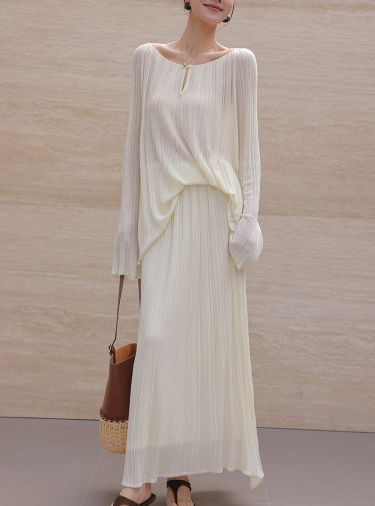 Mulberry Silk Two-Piece Set - Long Sleeve Top and Skirt